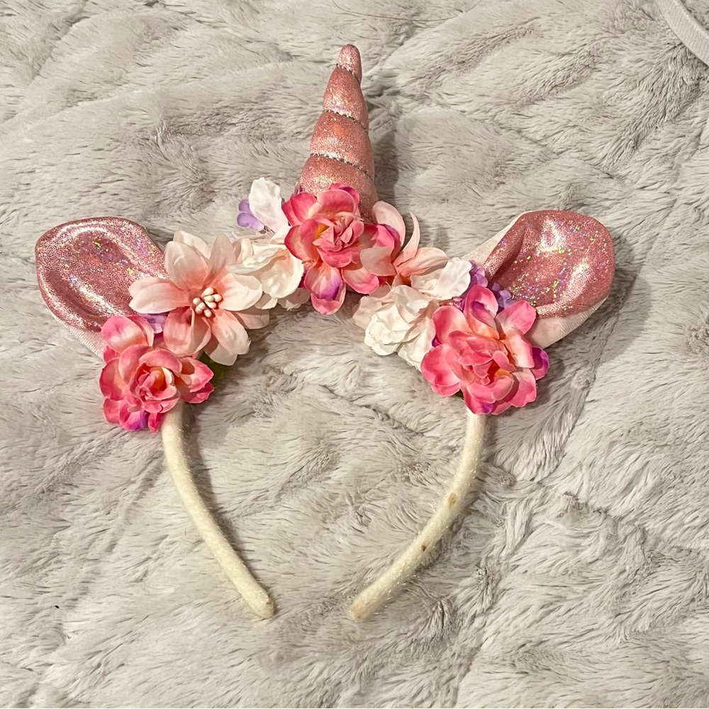 Unicorn Headband with Pink and White Flowers for Kids and Adults